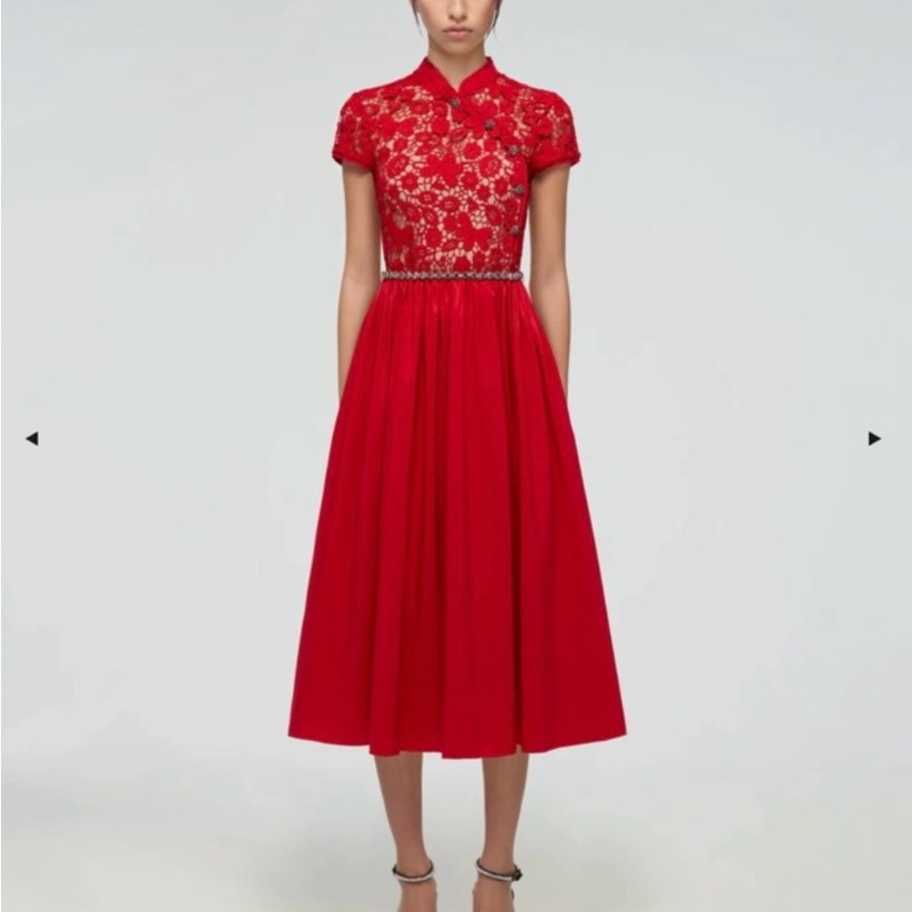 Self-Portrait Red Guipure Lace and Taffeta Midi Dress
